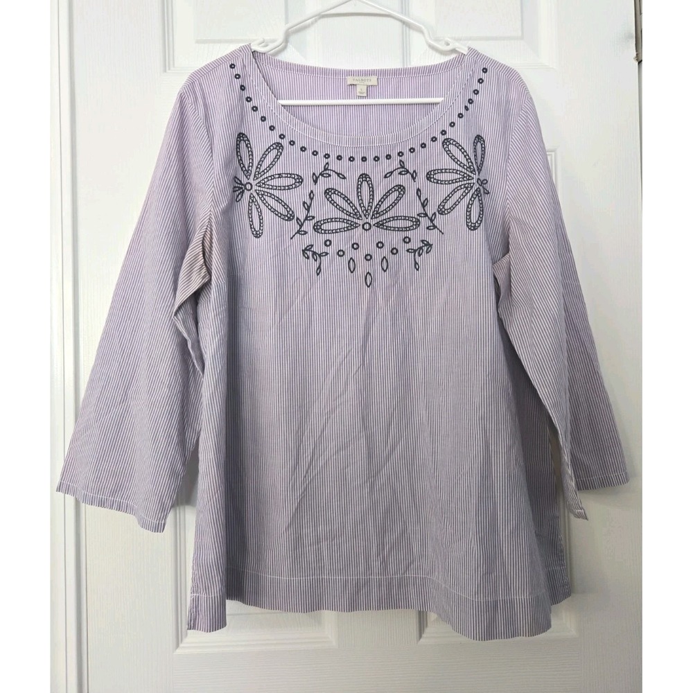 Talbots Womans 3/4 Blouse Size Large Lavender& White Blouse